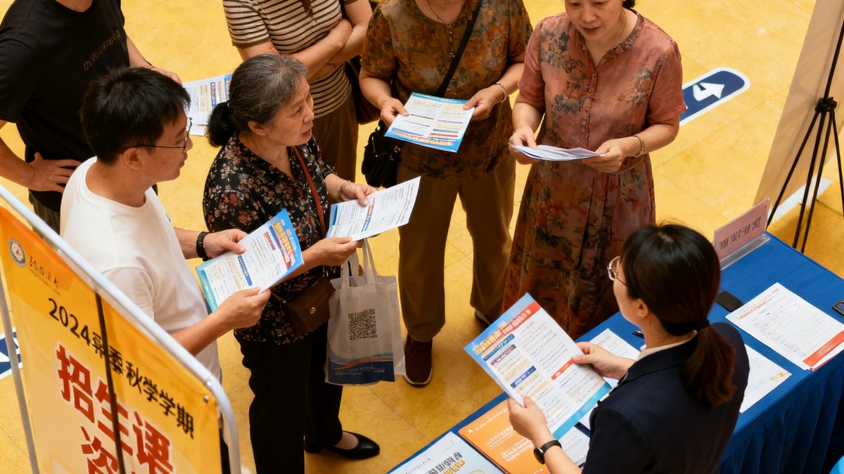2024年秋季学期招生咨询现场，家长们围在课程顾问周围咨询课程详情，现场气氛热烈有序。